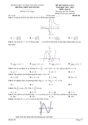 Đề thi tháng Toán 12 (Lần 2) - Mã đề 101 - Năm học 2022-2023 - Trường THPT Ngô Sĩ Liên
