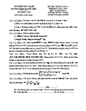 Đề thi tháng Toán 12 (Lần 4) - Năm học 2014-2015 - Trường THPT Ngô Sĩ Liên (Có đáp án)