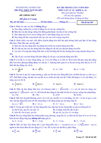 Đề thi tháng Vật lí 12 (Lần 1) - Mã đề 209 - Năm học 2013-2014 - Trường THPT Ngô Sĩ Liên (Có đáp án)