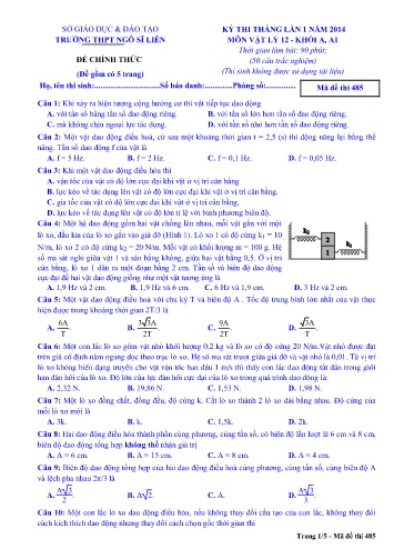 Đề thi tháng Vật lí 12 (Lần 1) - Mã đề 485 - Năm học 2013-2014 - Trường THPT Ngô Sĩ Liên (Có đáp án)