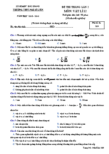 Đề thi tháng Vật lí 12 (Lần 2) - Mã đề 209 - Năm học 2015-2016 - Trường THPT Ngô Sĩ Liên (Có đáp án)