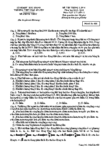 Đề thi tháng Vật lí 12 (Lần 4) - Mã đề 485 - Năm học 2014-2015 - Trường THPT Ngô Sĩ Liên (Có đáp án)