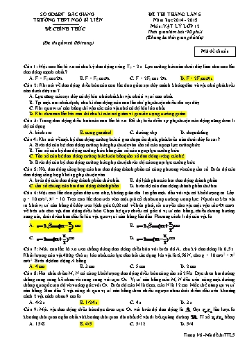 Đề thi tháng Vật lí 12 (Lần 5) - Năm học 2014-2015 - Trường THPT Ngô Sĩ Liên (Có đáp án)