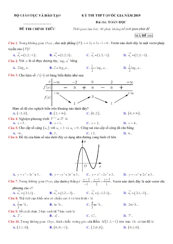Đề thi THPT Quốc gia Toán học - Mã đề 101 - Năm học 2018-2019 (Có đáp án)