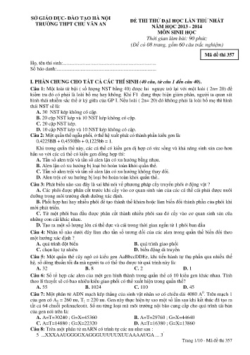 Đề thi thử đại học Sinh học (Lần 1) - Mã đề 357 - Năm học 2013-2014 - Trường THPT Chu Văn An (Có đáp án)