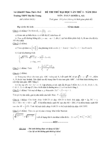 Đề thi thử đại học Toán (Lần 1) - Năm học 2013-2014 - Trường THPT Hai Bà Trưng (Có đáp án)