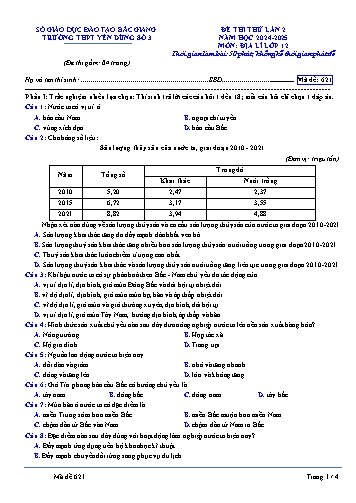 Đề thi thử Địa lí 12 (Lần 2) - Mã đề 621 - Năm học 2024-2025 - Trường THPT Yên Dũng số 3