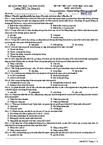 Đề thi thử GDKT&PL 12 (Lần 1) - Mã đề 721 - Năm THPT Yên Dũng số 3