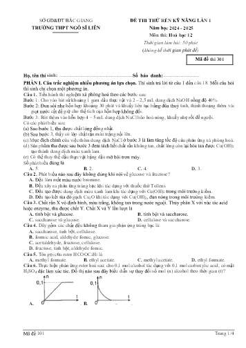 Đề thi thử rèn kĩ năng Hóa học 12 (Lần 1) - Mã đề 301 - Năm học 2024-2025 - Trường THPT Ngô Sĩ Liên (Có đáp án)
