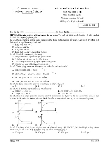Đề thi thử rèn kĩ năng Hóa học 12 (Lần 1) - Mã đề 304 - Năm học 2024-2025 - Trường THPT Ngô Sĩ Liên (Có đáp án)