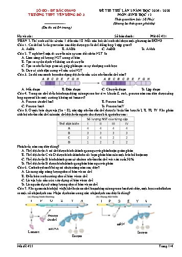 Đề thi thử Sinh học 12 (Lần 2) - Mã đề 421 - Năm học 2204-2025 - Trường THPT Yên Dũng số 3 (Có đáp án + Ma trận)
