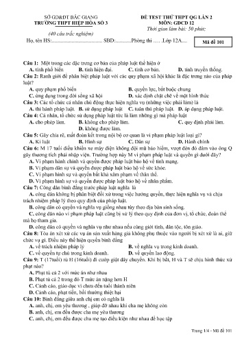 Đề thi thử THPT GDCD (Lần 2) - Mã đề 101 - Trường THPT Hiệp Hòa số 3 (Có đáp án)