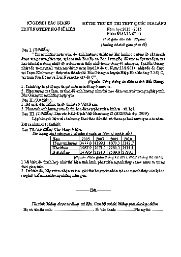 Đề thi thử THPT QG Địa lí 12 (Lần 3) - Năm học 2015-2016 - Trường THPT Ngô Sĩ Liên (Có đáp án + Ma trận)