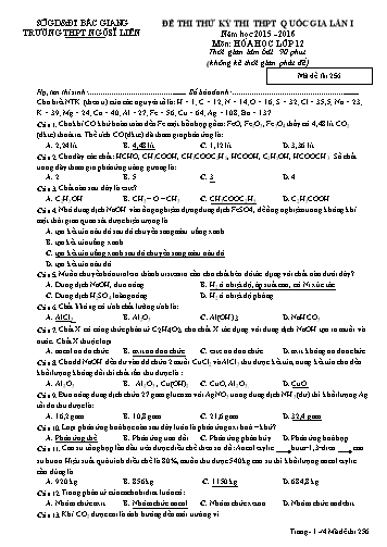 Đề thi thử THPT QG Hóa học 12 (Lần 1) - Mã đề 256 - Năm học 2015-2016 - Trường THPT Ngô Sĩ Liên (Có đáp án)