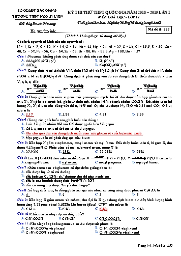 Đề thi thử THPT QG Hóa học 12 (Lần 1) - Mã đề 357 - Năm học 2018-2019 - Trường THPT Ngô Sĩ Liên (Có đáp án)