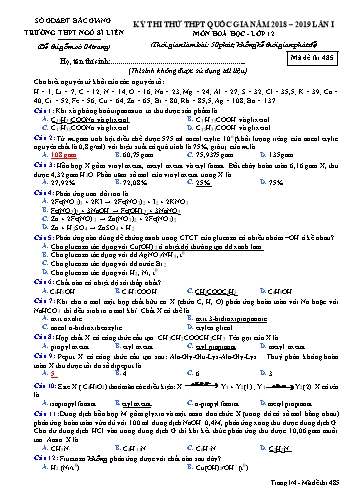 Đề thi thử THPT QG Hóa học 12 (Lần 1) - Mã đề 485 - Năm học 2018-2019 - Trường THPT Ngô Sĩ Liên (Có đáp án)