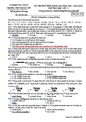 Đề thi thử THPT QG Hóa học 12 (Lần 1) - Mã đề 628 - Năm học 2018-2019 - Trường THPT Ngô Sĩ Liên (Có đáp án)