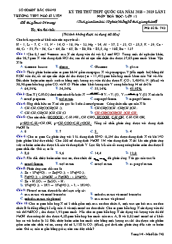 Đề thi thử THPT QG Hóa học 12 (Lần 1) - Mã đề 743 - Năm học 2018-2019 - Trường THPT Ngô Sĩ Liên (Có đáp án)