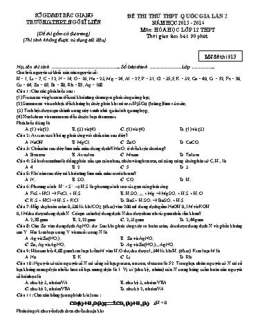 Đề thi thử THPT QG Hóa học 12 (Lần 2) - Mã đề 913 - Năm học 2015-2016 - Trường THPT Ngô Sĩ Liên (Có đáp án)