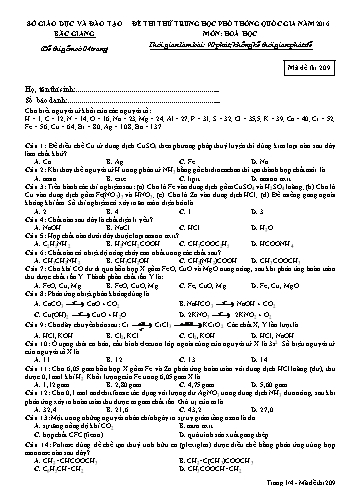 Đề thi thử THPT QG Hóa học - Mã đề 209 - Năm học 2015-2016 - Sở GD&ĐT Bắc Giang (Có đáp án)