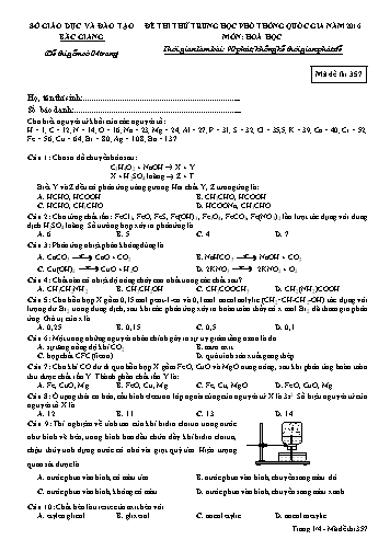 Đề thi thử THPT QG Hóa học - Mã đề 357 - Năm học 2015-2016 - Sở GD&ĐT Bắc Giang (Có đáp án)