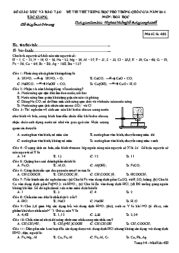 Đề thi thử THPT QG Hóa học - Mã đề 485 - Năm học 2015-2016 - Sở GD&ĐT Bắc Giang (Có đáp án)