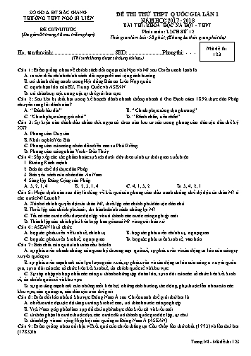 Đề thi thử THPT QG Lịch sử 12 (Lần 1) - Mã đề 123 - Năm học 2017-2018 - Trường THPT Ngô Sĩ Liên (Có đáp án)