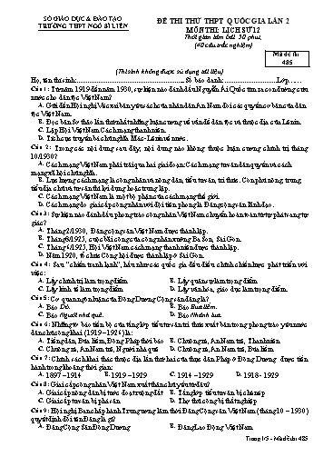 Đề thi thử THPT QG Lịch sử 12 (Lần 2) - Mã đề 485 - Trường THPT Ngô Sĩ Liên (Có đáp án + Ma trận)