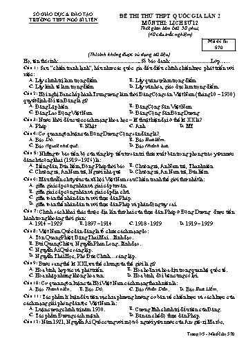 Đề thi thử THPT QG Lịch sử 12 (Lần 2) - Mã đề 570 - Trường THPT Ngô Sĩ Liên (Có đáp án + Ma trận)