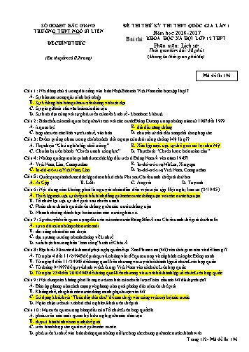 Đề thi thử THPT QG Lịch sử (Lần 1) - Mã đề 196 - Năm học 2016-2017 - Trường THPT Ngô Sĩ Liên (Có đáp án)