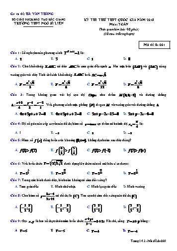 Đề thi thử THPT QG môn Toán năm 2018 - Mã đề 001 - Trường THPT Ngô Sĩ Liên (Có đáp án)