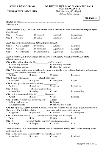 Đề thi thử THPT QG năm 2017 Tiếng Anh 12 (Lần 1) - Mã đề 132 - Trường THPT Ngô Sĩ Liên (Có đáp án)