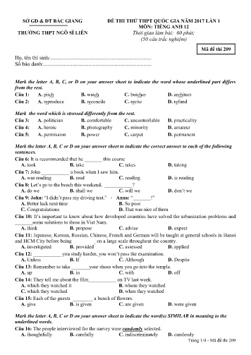 Đề thi thử THPT QG năm 2017 Tiếng Anh 12 (Lần 1) - Mã đề 209 - Trường THPT Ngô Sĩ Liên (Có đáp án)