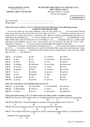 Đề thi thử THPT QG năm 2017 Tiếng Anh 12 (Lần 1) - Mã đề 381 - Trường THPT Ngô Sĩ Liên (Có đáp án)