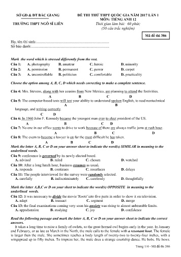 Đề thi thử THPT QG năm 2017 Tiếng Anh 12 (Lần 1) - Mã đề 386 - Trường THPT Ngô Sĩ Liên (Có đáp án)