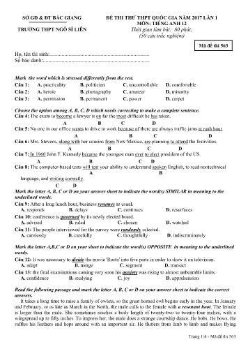 Đề thi thử THPT QG năm 2017 Tiếng Anh 12 (Lần 1) - Mã đề 563 - Trường THPT Ngô Sĩ Liên (Có đáp án)