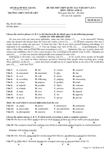 Đề thi thử THPT QG năm 2017 Tiếng Anh 12 (Lần 1) - Mã đề 614 - Trường THPT Ngô Sĩ Liên (Có đáp án)