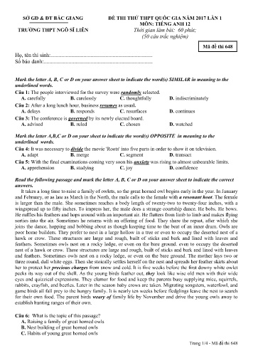 Đề thi thử THPT QG năm 2017 Tiếng Anh 12 (Lần 1) - Mã đề 648 - Trường THPT Ngô Sĩ Liên (Có đáp án)