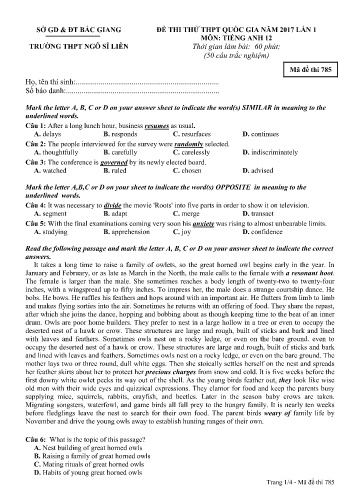 Đề thi thử THPT QG năm 2017 Tiếng Anh 12 (Lần 1) - Mã đề 785 - Trường THPT Ngô Sĩ Liên (Có đáp án)
