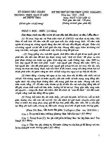 Đề thi thử THPT QG Ngữ văn 12 (Lần 1) - Năm học 2015-2016 - Trường THPT Ngô Sĩ Liên (Có đáp án)