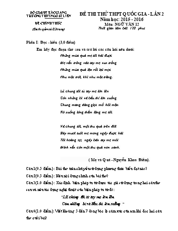 Đề thi thử THPT QG Ngữ văn 12 (Lần 2) - Năm học 2015-2016 - Trường THPT Ngô Sĩ Liên (Có đáp án)