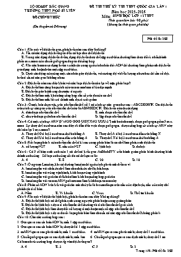 Đề thi thử THPT QG Sinh học 12 (Lần 1) - Mã đề 258 - Năm học 2015-2016 - Trường THPT Ngô Sĩ Liên (Có đáp án)