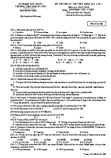 Đề thi thử THPT QG Sinh học 12 (Lần 1) - Mã đề 485 - Năm học 2015-2016 - Trường THPT Ngô Sĩ Liên (Có đáp án)