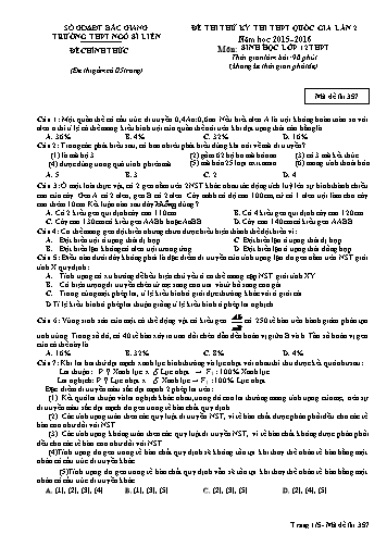 Đề thi thử THPT QG Sinh học 12 (Lần 2) - Mã đề 357 - Năm học 2015-2016 - Trường THPT Ngô Sĩ Liên (Có đáp án)