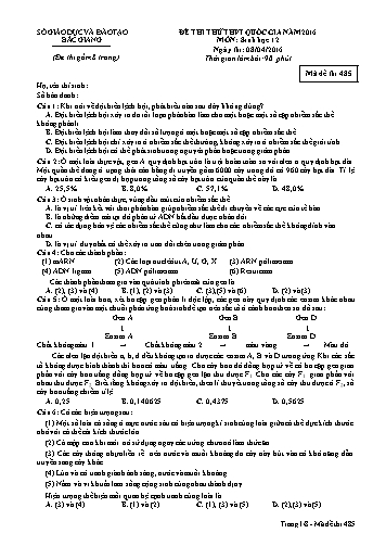 Đề thi thử THPT QG Sinh học 12 - Mã đề 485 - Năm học 2015-2016 - Sở GD&ĐT Bắc Giang (Có đáp án)