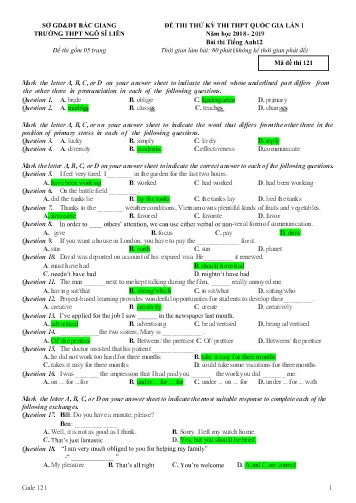 Đề thi thử THPT QG Tiếng Anh 12 (Lần 1) - Mã đề 121 - Năm học 2018-2019 - Trường THPT Ngô Sĩ Liên (Có đáp án)