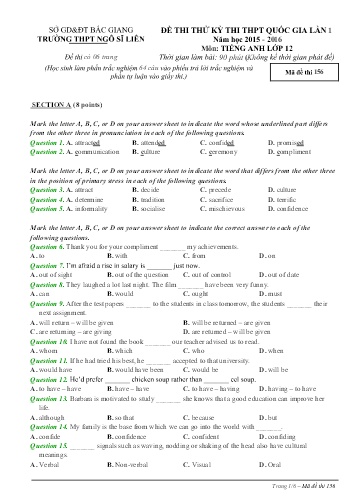 Đề thi thử THPT QG Tiếng Anh 12 (Lần 1) - Mã đề 156 - Năm học 2015-2016 - Trường THPT Ngô Sĩ Liên (Có đáp án)