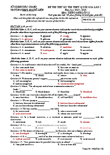 Đề thi thử THPT QG Tiếng Anh 12 (Lần 2) - Mã đề 183 - Năm học 2015-2016 - Trường THPT Ngô Sĩ Liên (Có đáp án)