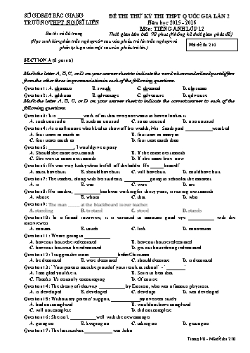 Đề thi thử THPT QG Tiếng Anh 12 (Lần 2) - Mã đề 216 - Năm học 2015-2016 - Trường THPT Ngô Sĩ Liên (Có đáp án)