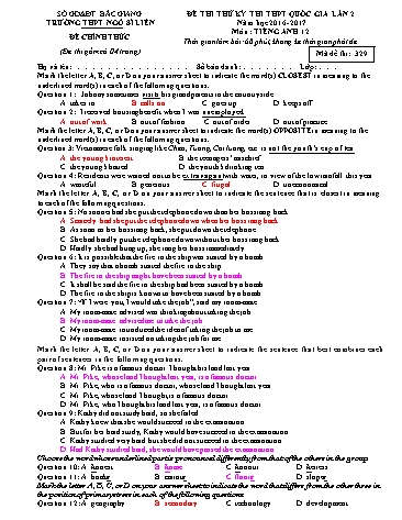 Đề thi thử THPT QG Tiếng Anh 12 (Lần 2) - Mã đề 329 - Năm học 2016-2017 - Trường THPT Ngô Sĩ Liên (Có đáp án)